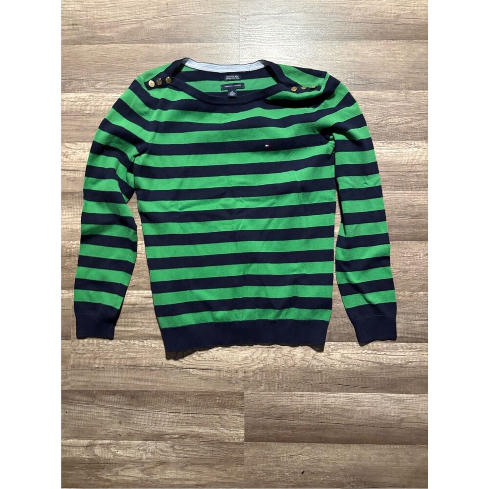 Tommy Hilfiger Navy & Green Striped Boatneck Sweater with Button Detail